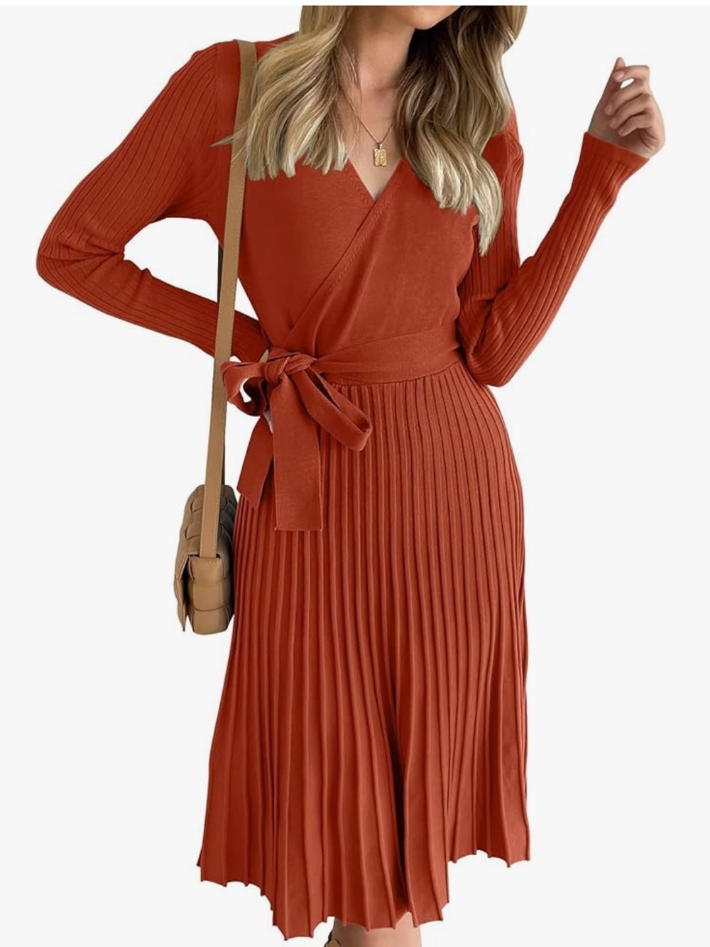 NWT Long Sleeve Wrap V Neck Ribbed Knit Pleated Dress with Tie